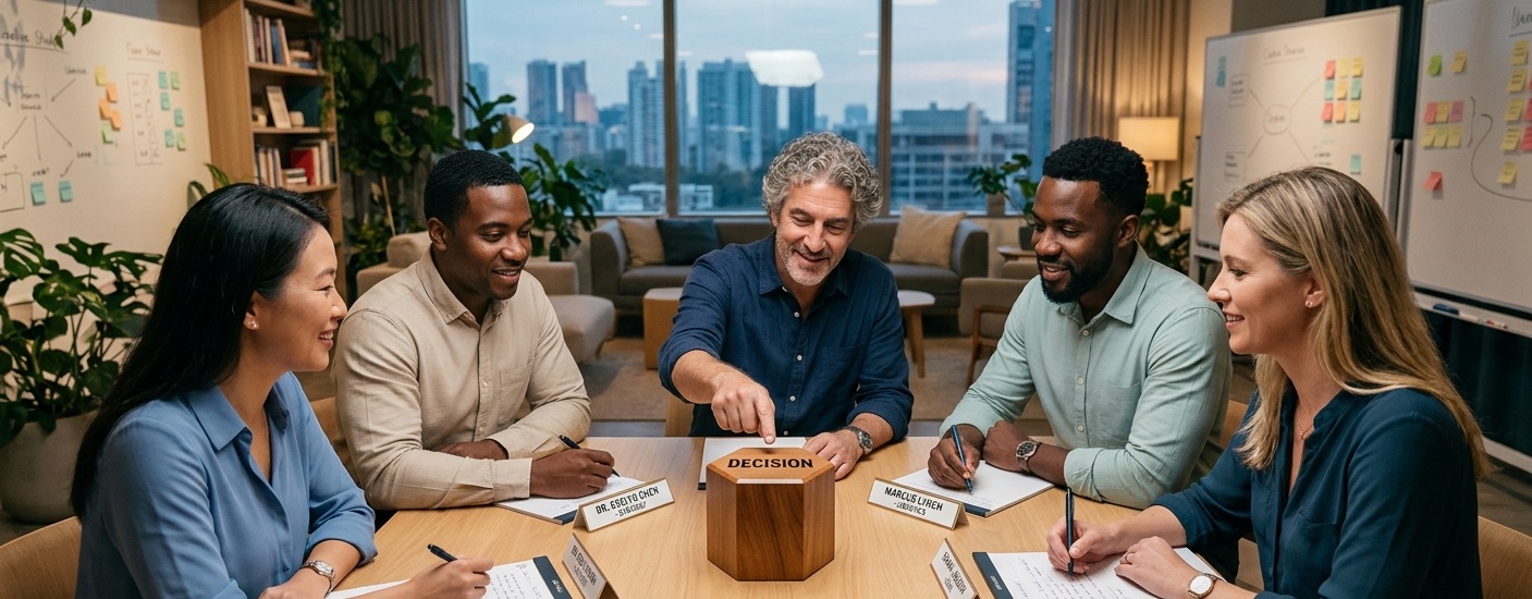 Five people seated around a table in a meeting room, each with a nameplate, deliberating over a wooden block marked DECISION.